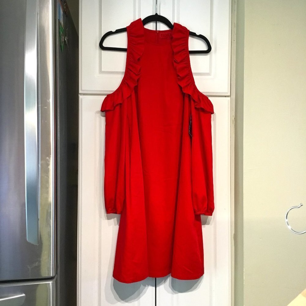 PASKAL Red Cold Shoulder Ruffle Dress